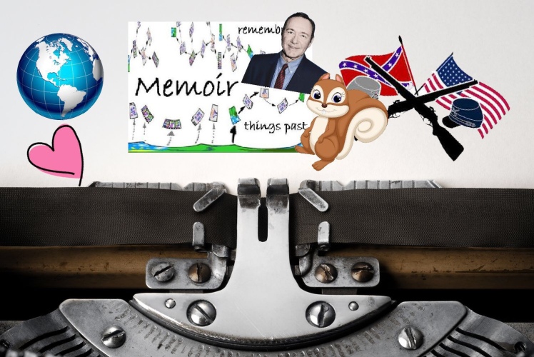 A graphic that has images on a page of typewriter paper that show my writing topics. Includes: Civil war uniform, Kevin Spacey, a squirrel, a heart, the word “memoir” and a globe. 